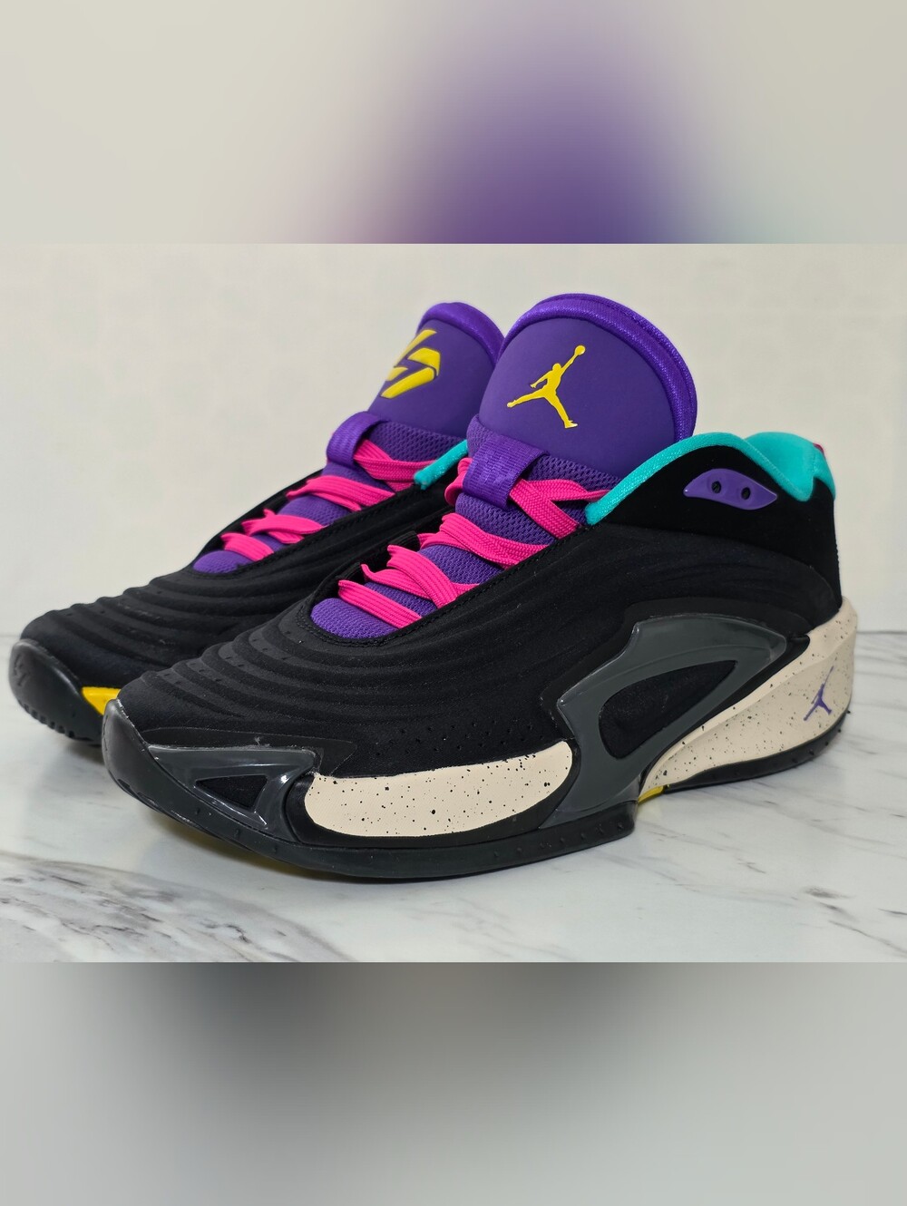 Jordan Kids Black Sneakers with Purple, Pink & Teal Accents